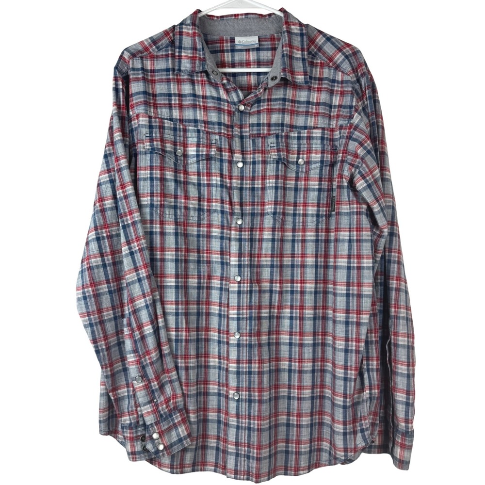 Columbia Men Plaid Button Long Sleeve Shirt Casual Outdoor Rugged Double Pockets